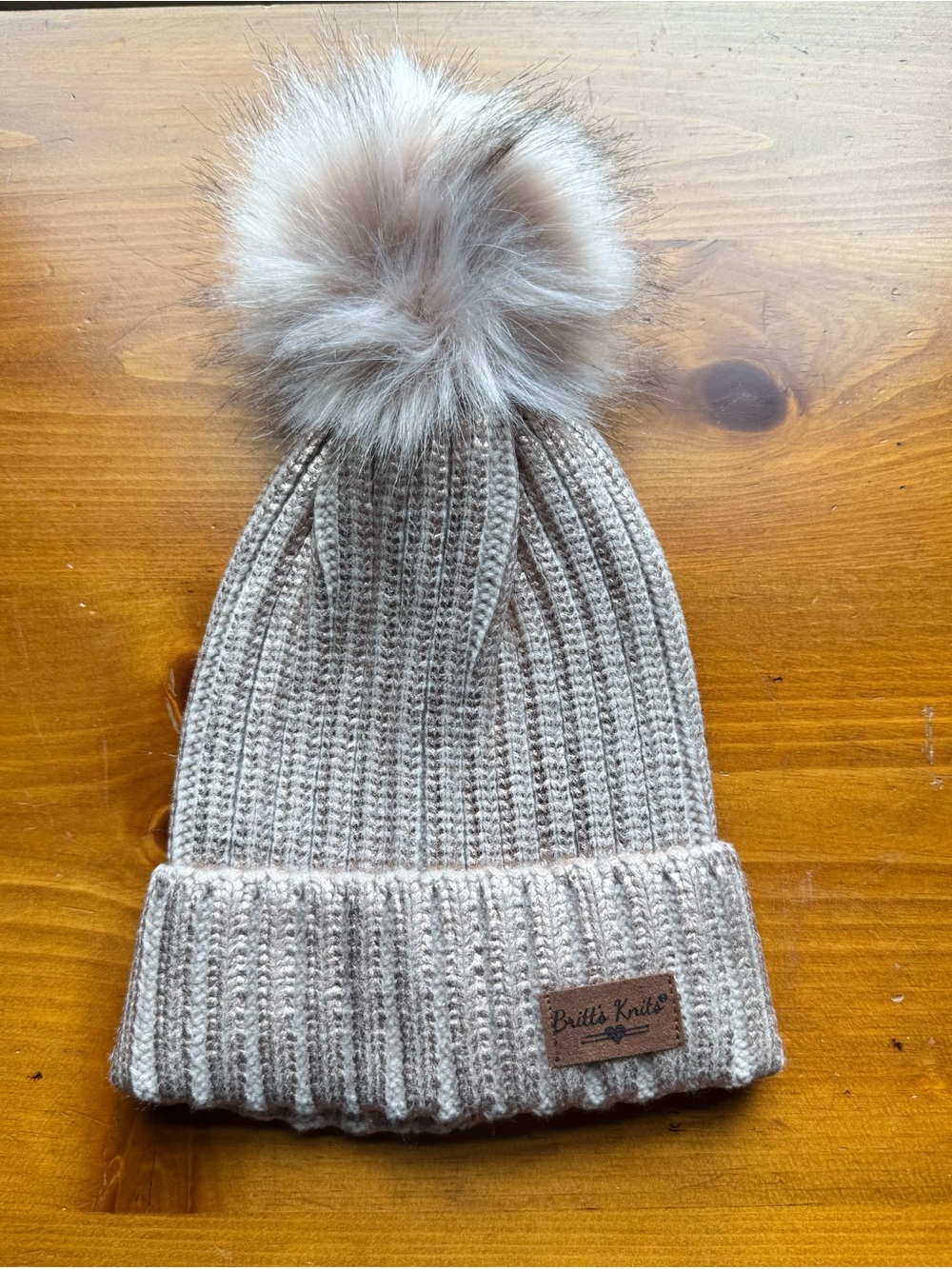 Britt's Knits Women's Taupe Pom-Pom Beanie